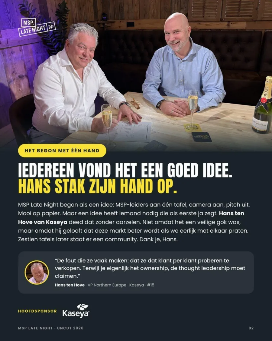 Pagina over hoe MSP Late Night begon, met Hans ten Hove van Kaseya